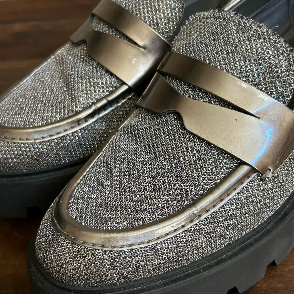 Franco Sarto Bazel Platform Lug Sole Loafers Size 6.5 – Metallic Knit‎ Slip-On